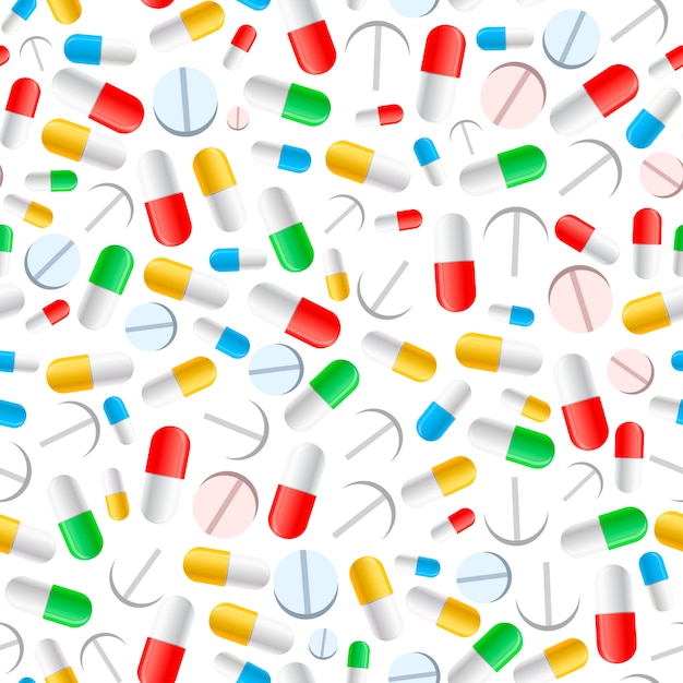 Vector colourful pills on white, seamless pattern