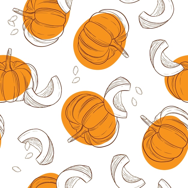 Colourful pumpkins with seeds. Seasonal autumn seamless pattern.