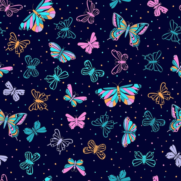 벡터 비행 나비와 점의 다채로운 원활한 패턴 열 대 나비 실루엣