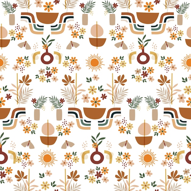 Vettore modello senza cuciture colorato con fiori decorativi e foglie in vaso tazza da vaso in stile moderno illustrazione vettoriale eps10