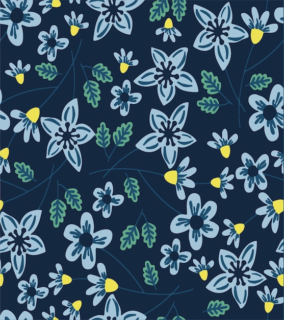 The colourful seamless repeat pattern of the outlined stylized flowers and leaves. vectore file