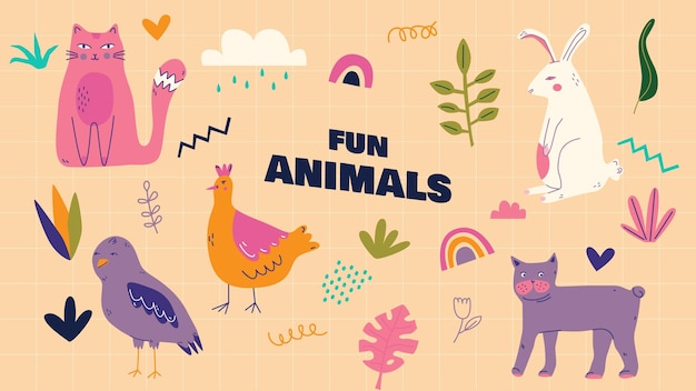 Colourful set of fun animals and plants