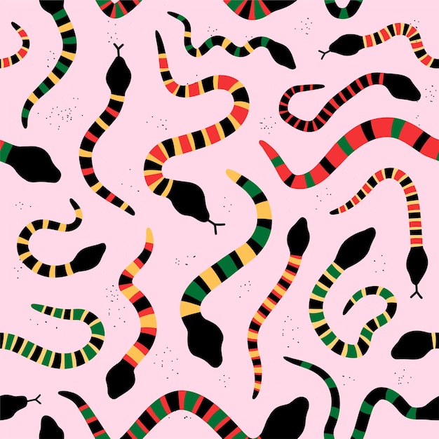 Colourful snakes on pink background seamless pattern. vector hand drawn grunge style illustration icon. different color snakes seamless pattern