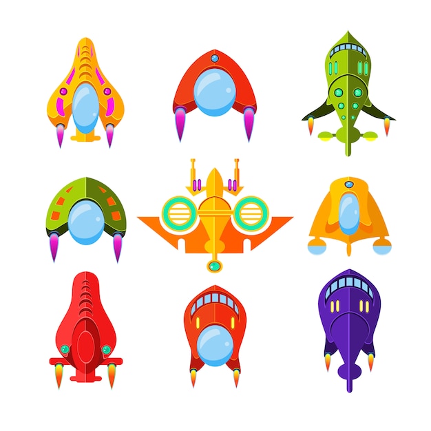 Colourful spaceships and rockets illustration set