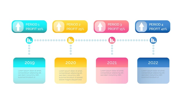 Красочная ступенчатая инфографика с данными о прибыли Векторная иллюстрация с 4 вариантами или шагами и местом