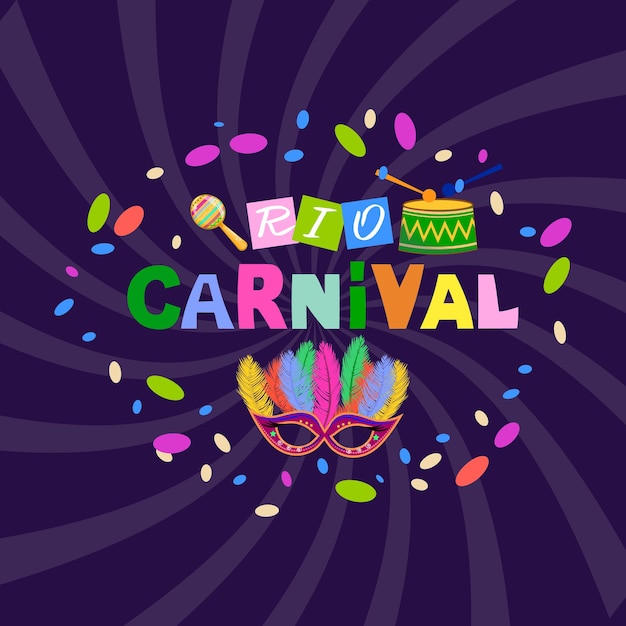 Красочный шаблон с маской марака барабан для бразильского карнавала на фиолетовом фоне