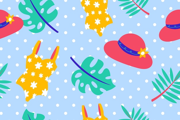 Colourful tropics summer seamless pattern hand drawn doodle beauty beach summertime kids background wallpaper for fashion graphic print textile apparel wrapping paper vector