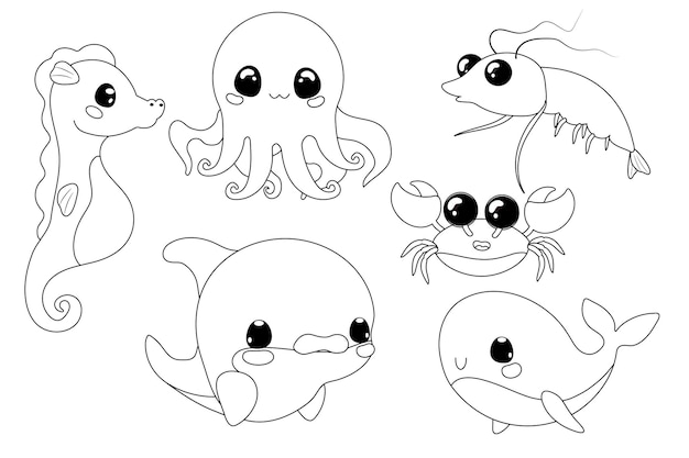 Раскраска для детей дошкольного возраста, морские персонажи, краб, осьминог, морской конек, рыба, креветка, дельфин, кит