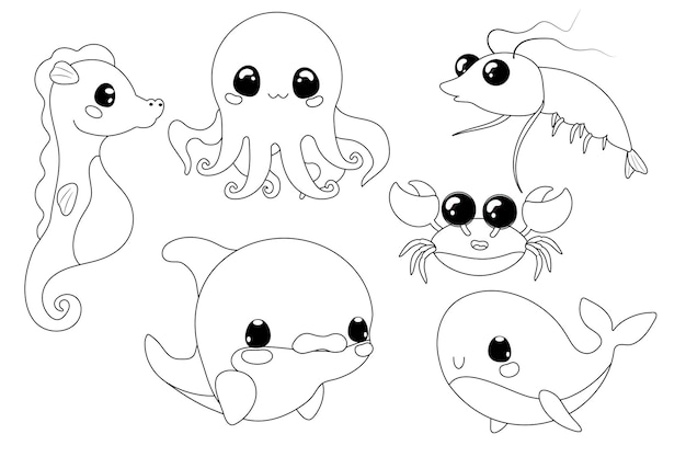 colouring linart children's game preschool sea characters crab octopus seahorse fish shrimp dolphin whale