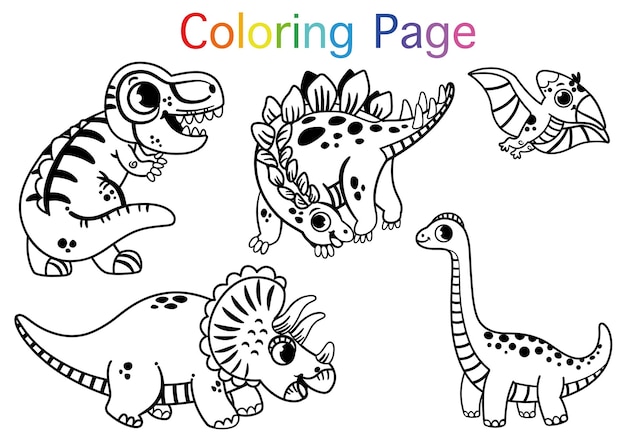 Vector colouring page with dinosaur characters for kids. vector illustration.