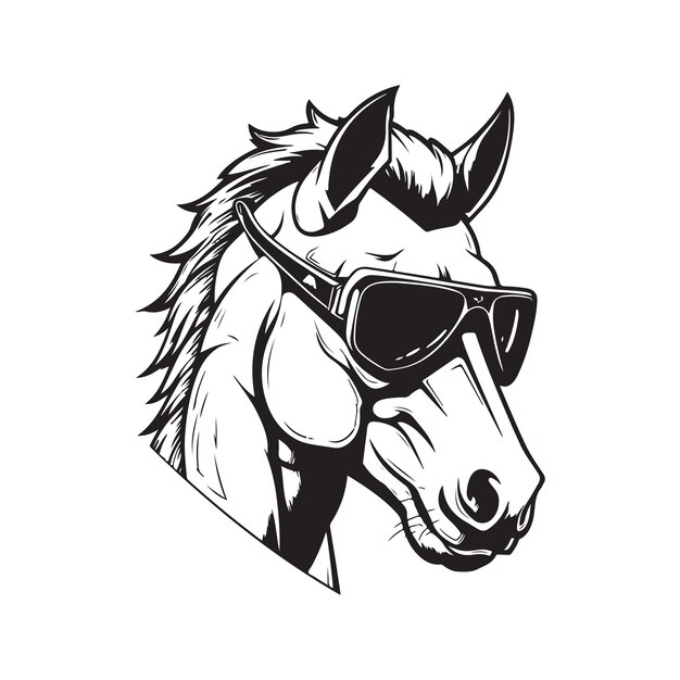 Colt wearing sunglasses vintage logo line art concept black and white color hand drawn illustration