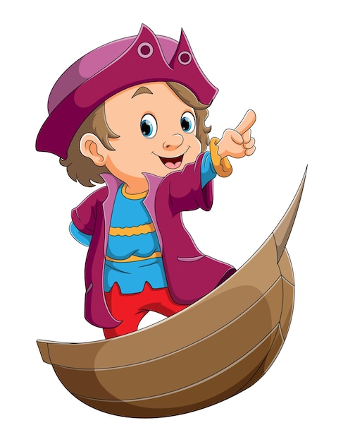 The columbus boy is pointing from the small ship of illustration