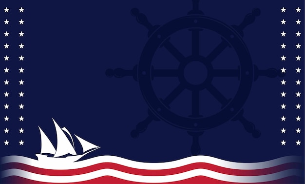 Columbus Day-achtergrond met Amerikaanse vlagkleuren en silhouet van zeilschip en stuurwiel