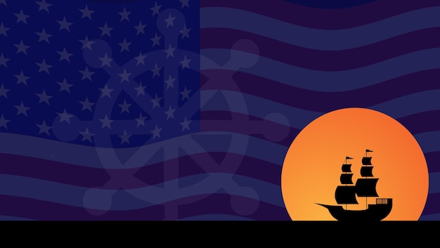 Vector columbus day background with silhouette of ship steer wheel and copy space area