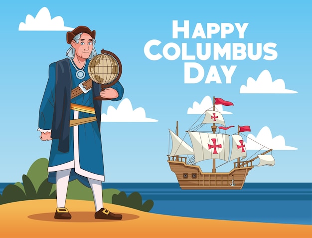 Vettore scena di celebrazione del columbus day di christopher che solleva la mappa del mondo sulla spiaggia.