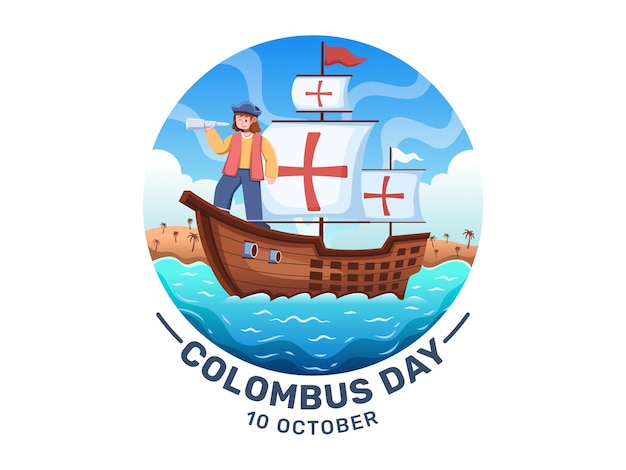 Vettore columbus day raffigurante cristoforo colombo mentre si trova a bordo della sua nave