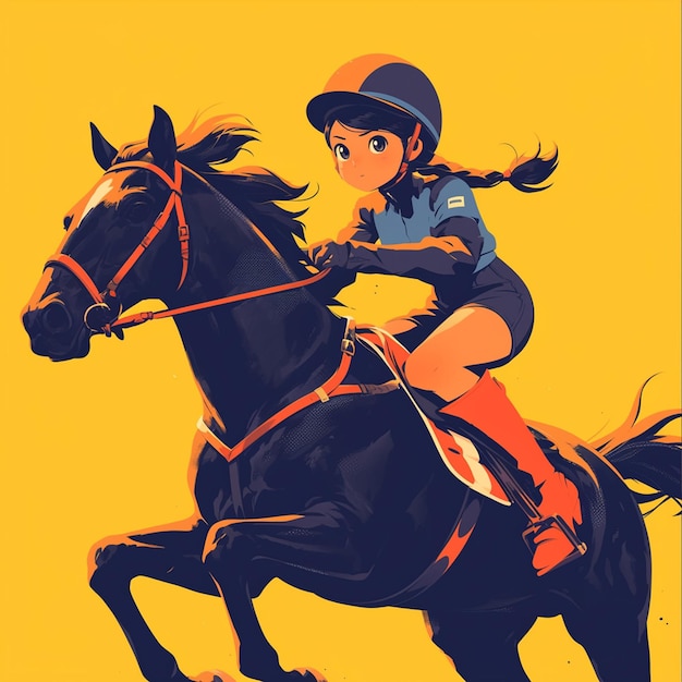 A Columbus girl rides a horse in cartoon style