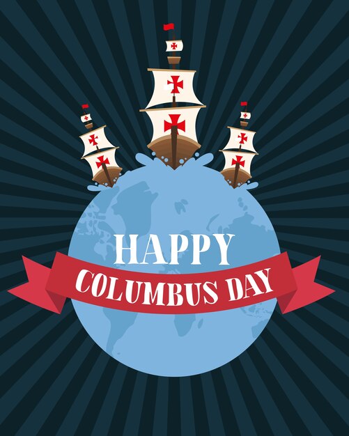 Vettore columbus spedisce sul mondo con il design del nastro di happy columbus day america e discovery theme