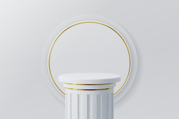 Vector column podium with round frame elegant 3d vector pillar display with golden circular border this sophisticated design blends classic aesthetics with modern functionality for events or presentations