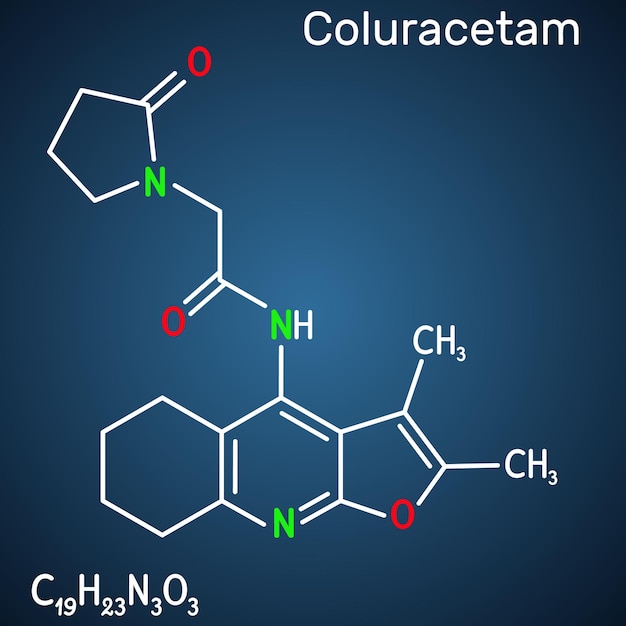 coluracetam bci540 c19h23n3o3 molecule dark blue background