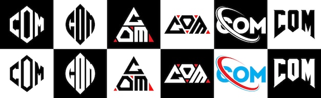 COM letter logo ontwerp in zes stijl COM veelhoek cirkel driehoek zeshoek platte en eenvoudige stijl met zwart en wit kleur variatie letter logo set in één artboard COM minimalistische en klassieke logo