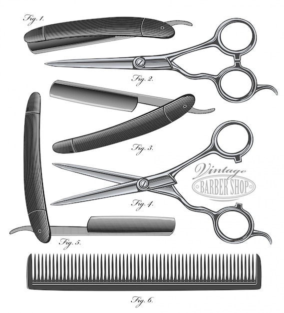 ベクトル ビンテージの刻まれたスタイルの櫛、はさみそして剃刀