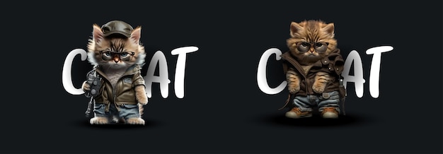 Vector combat cats illustrated fierce felines in military uniforms armed and ready for action isolated on a dark