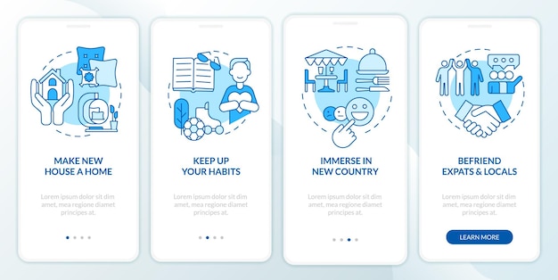 Combat homesickness tips blue onboarding mobile app screen