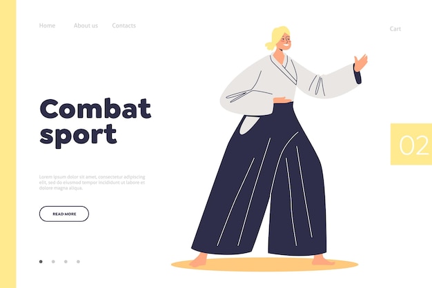 Concetto di sport da combattimento di landing page con combattente di aikido donna in costume per la competizione