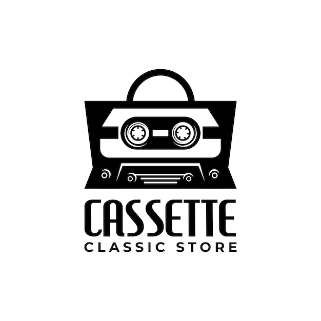 Combinatie van een boodschappentas en cassette vintage cassette logo voor retro muziekwinkel