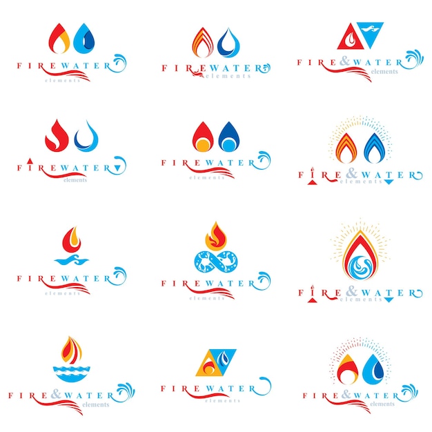 Combinatie van water en vuur elementen abstracte logo's collectie, natuurkracht.