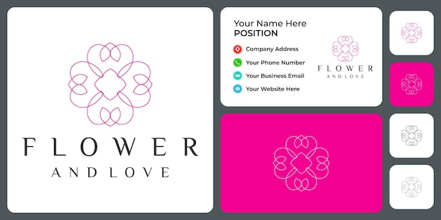 Сочетание цветочного и любовного дизайна логотипа с шаблоном визитной карточки.