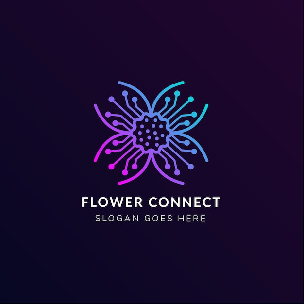 La combinazione di fiori con il simbolo dell'elettricità ha fatto sì che un modello di progettazione del logo utilizzasse una sfumatura rosa e blu isolata in uno sfondo viola scuro