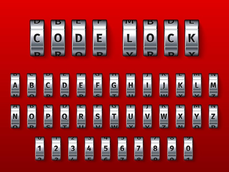 Vector combination lock font padlock safe coding numbers or letters realistic spinning alphabet metallic wheels key variation access password privacy safety vector 3d rotating elements set