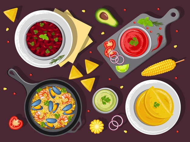 A combination of traditional mexican dishes on the table top view