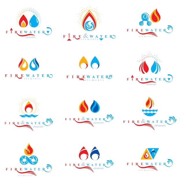 Combination of water and fire elements abstract logotypes collection, nature power.