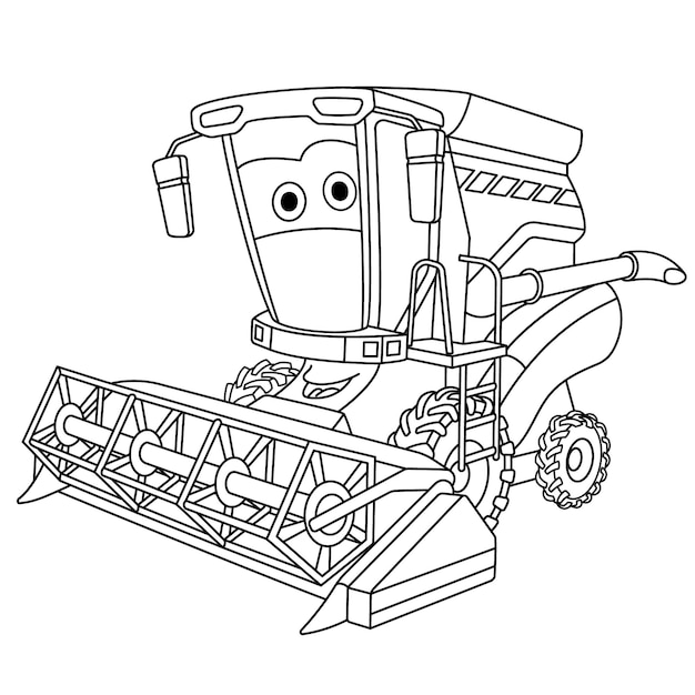 Combine harvester. Cartoon toy vehicle with funny face. Coloring book page for kids.