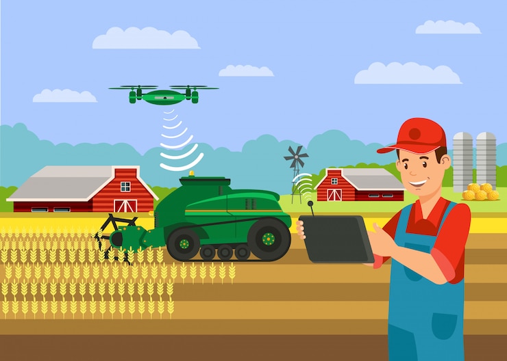 Vector combine harvester in wheat field illustration