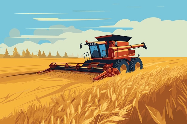 Vector combineren van harvester werken in tarweveld tarwe oogstproces met moderne combineren vectorillustratie