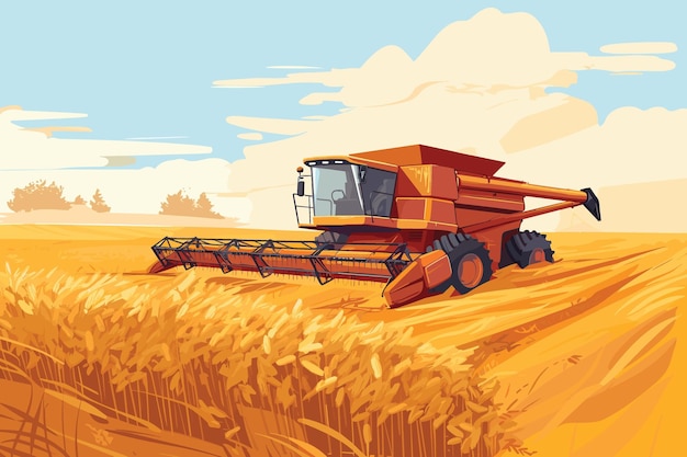 Vector combineren van harvester werken in tarweveld tarwe oogstproces met moderne combineren vectorillustratie