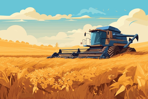 Vector combineren van harvester werken in tarweveld tarwe oogstproces met moderne combineren vectorillustratie