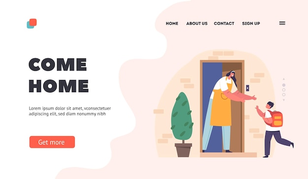 Come Home Landing Page Template Joyful Mother Meeting Her Schoolaged Son At Home Doorway Familial Love Parenting