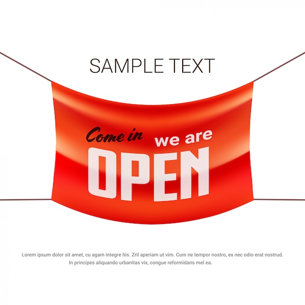 Vieni siamo banner pubblicitario aperto grande etichetta concetto di apertura del negozio con spazio di copia piatta del testo
