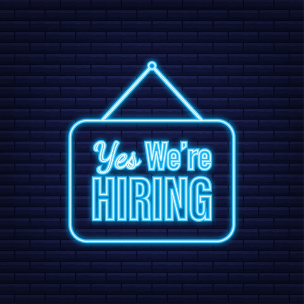 Vector come in we're hiring hanging sign. sign for door. neon icon. vector illustration.