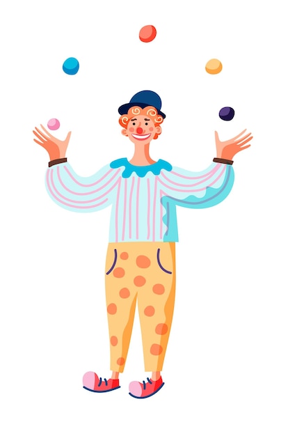 Vector comedian juggling balls funny clown stands and performs on circus stage or street festival