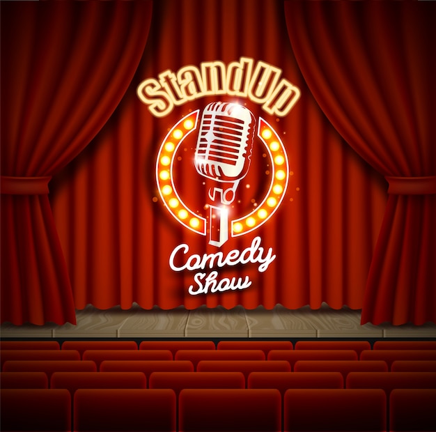 Vector comedy show theater scene with red curtains realistic illustration