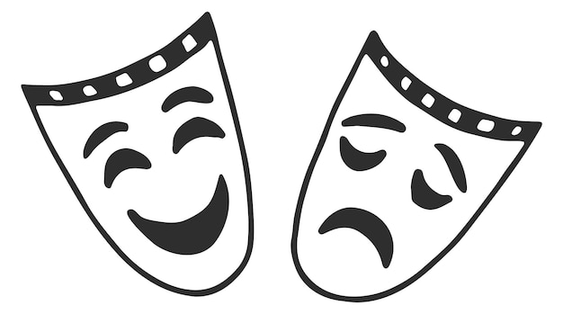 Maschere di commedia e tragedia il simbolo del teatro antico doodle isolato su sfondo bianco