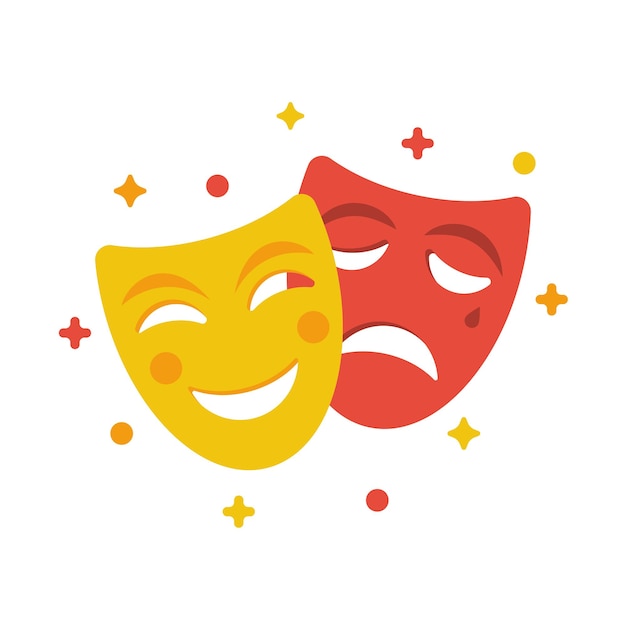 Comedy and tragedy masks. Yellow funny and red sad mask, cartoon style. Happy and unhappy traditional symbol of theater. Vector illustration flat design. Isolated on white background.