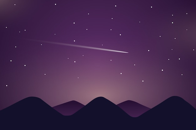 Vector comet in the night sky over mountain.