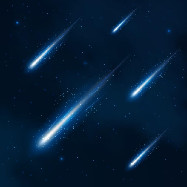 Кометный дождь в звездном небе. Комета в космосе, звездный душ космоса, ночное небо кометы, иллюстрация кометы. Вектор абстрактный фон